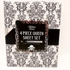 Madame Bones Queen Sheet Set Black Gray Skull Bat Damask Spooky Halloween